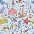 Lighthouse jellyfish starfish corals shells seamless pattern beach watercolor